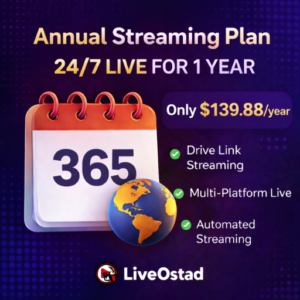 LiveOstad Annual Live Subscription (365 Days) — 24/7 Live Streaming from Your Video Link ($139.88/year)